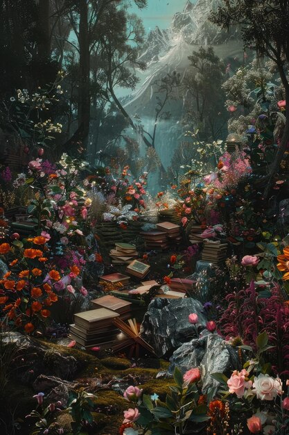 a book is surrounded by flowers and trees