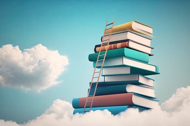 A book ladder is on top of a cloud and the sky is blue