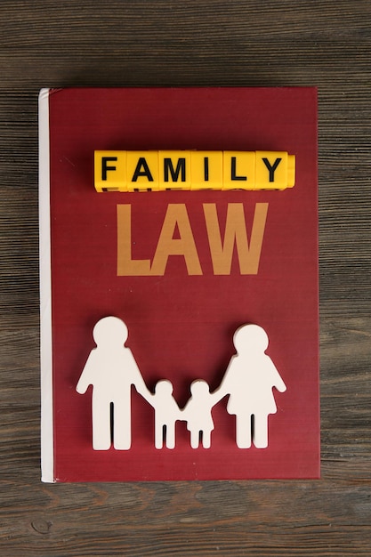 Photo book of law cutout family and blocks with letters regarding childcustody and familylaw concept