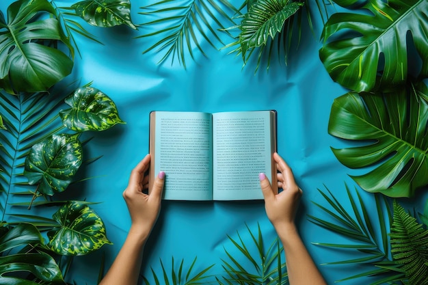 Photo book and leaves on a blue background