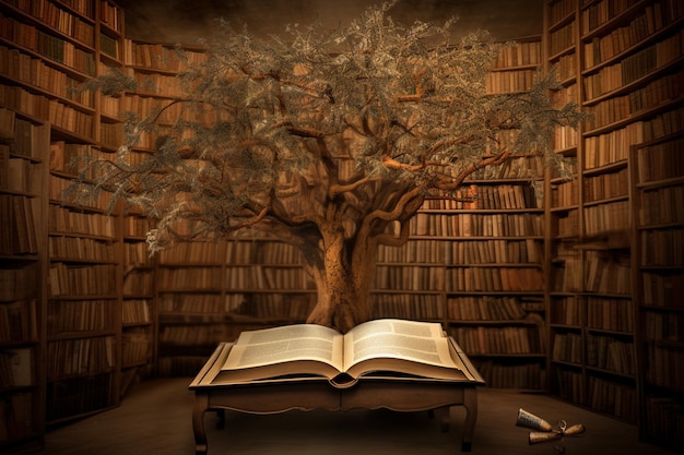 A book in a library with a tree in the middle