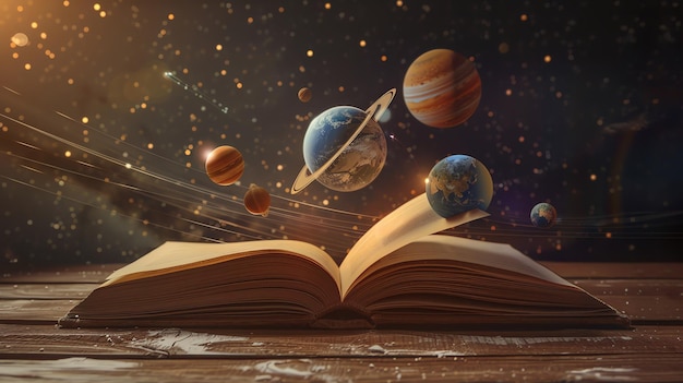 A book lies open on a wooden table with planets and stars floating above it a magical concept of reading and knowledge