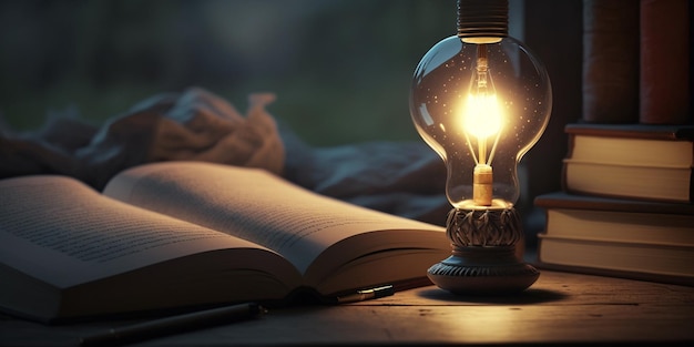 Book and light bulb on the table Created with generative Ai technology