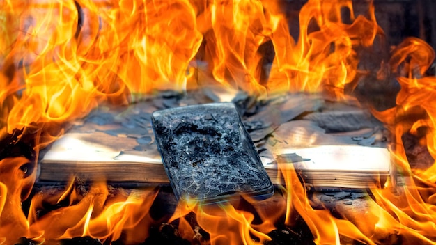 A book and a mobile phone on fire during a fire