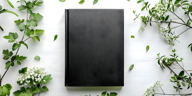 Photo book mockup black leather cover with green branches and flowers on white background concept photography book mockup black leather cover green branches flowers white background