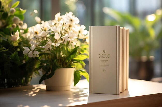 Photo a book mockup on a table with plant in the background