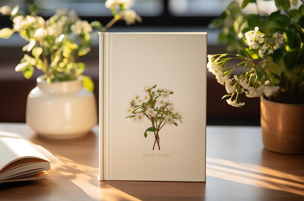 Photo a book mockup on a table with plant in the background