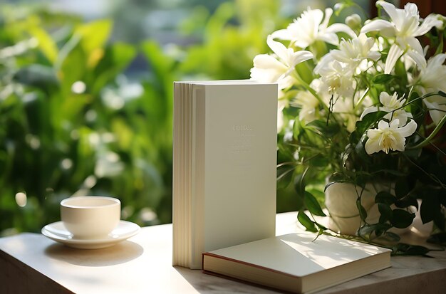 Photo a book mockup on a table with plant in the background