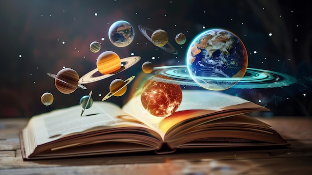 A book open to reveal planets and stars