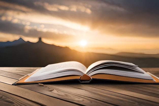 Book open on a wooden table with a sunset in the background