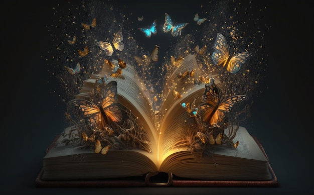 A book opened to a glowing light with butterflies flying out of it.