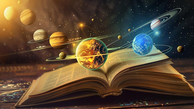 A book opened to reveal a magical universe with planets stars and galaxies