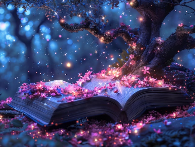 a book opened to a tree with the words  spring  on the pages