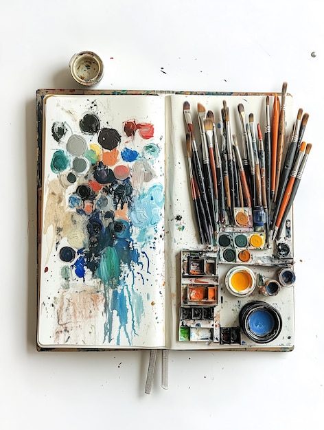 a book of paint and brushes is open to a page with a brush in it