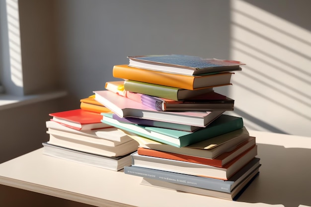 A book pile close up on a study desk Front view pile book Stack of colorful books on study table