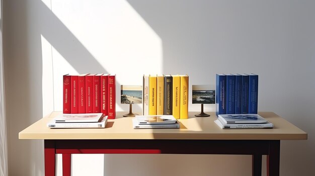 Photo a book pile close up on a study desk front view pile book stack of colorful books on study table