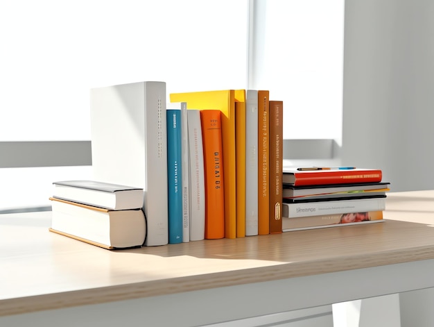 A book pile close up on a study desk Front view pile book Stack of colorful books on study table