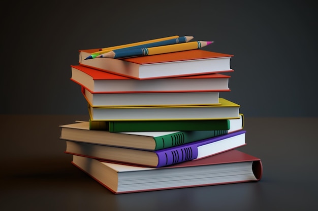 A book pile close up on a table Front view pile book Stack of colorful books on white background