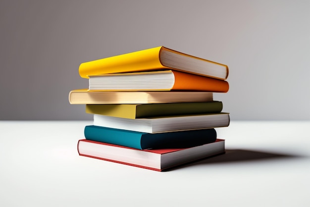 A book pile close up on a table Front view pile book Stack of colorful books on white background