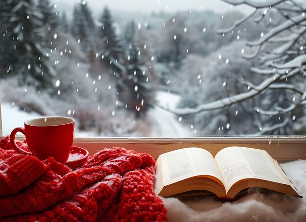 a book and a red cup on a window sill with snow falling on the ground