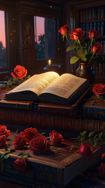 Book behind red rose branch bird