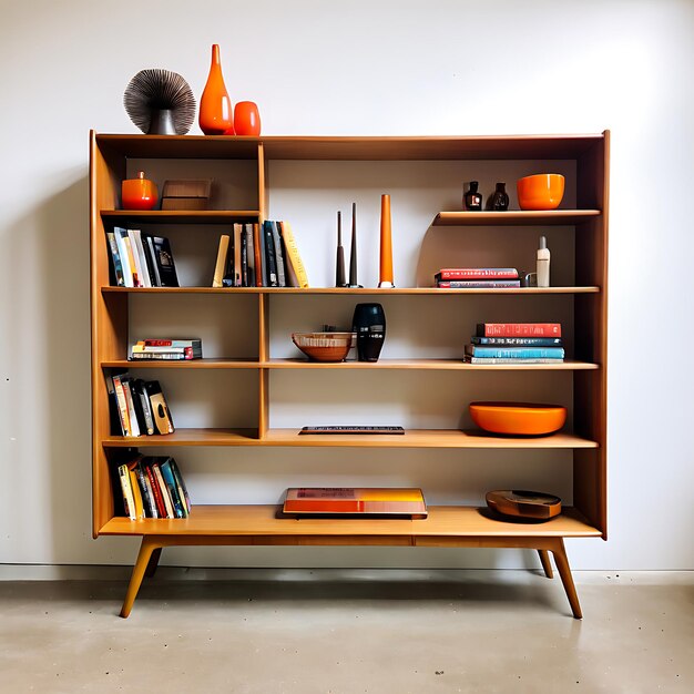 Photo a book shelf with a book shelf with a black and orange item on it