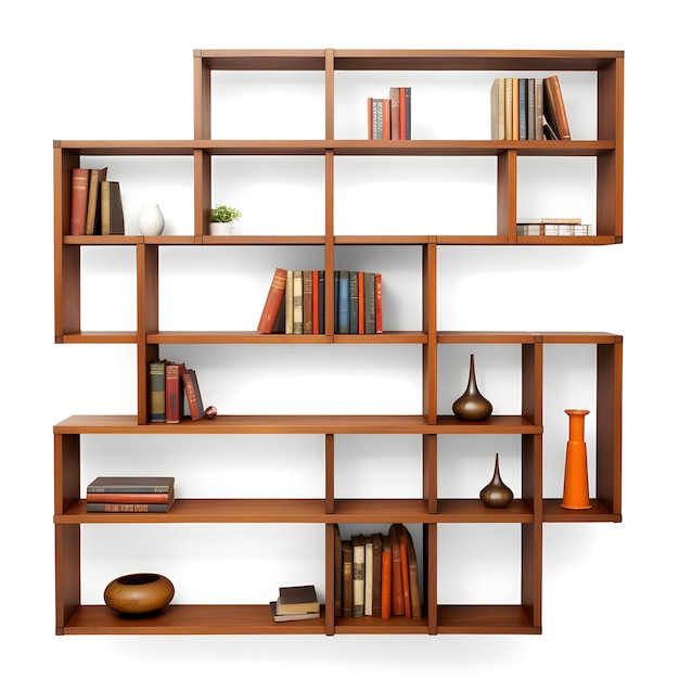 a book shelf with books on it and a vase on the shelf