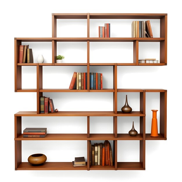 Photo a book shelf with books on it and a vase on the shelf