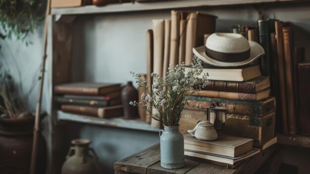 a book shelf with books and a vase with flowers on it