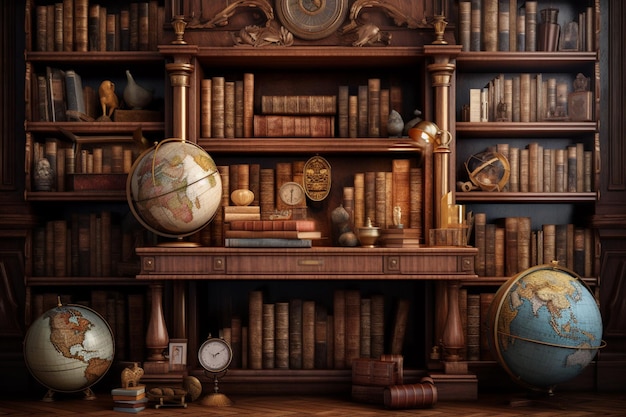 A book shelf with a clock and a globe on it