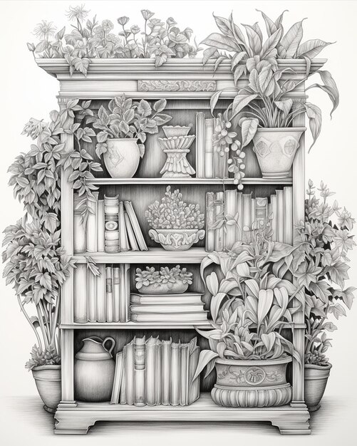 Photo book shelf with flowers and plants