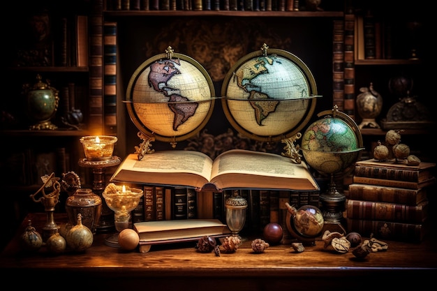 a book shelf with globes and globes on it