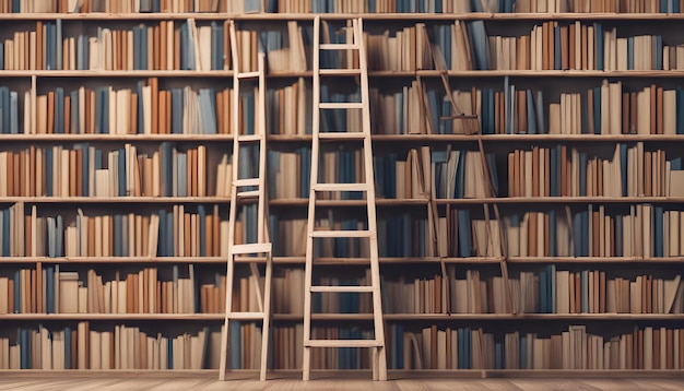 a book shelf with a ladder on it