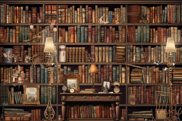 A book shelf with many books on it and a lamp on the table.