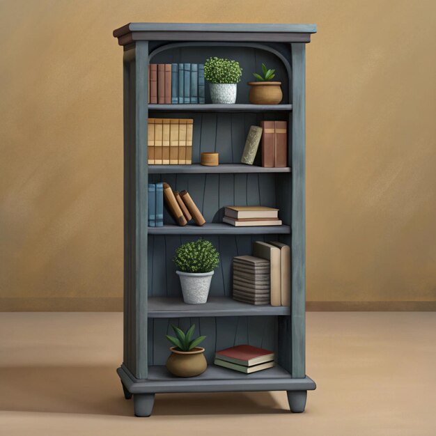 a book shelf with a plant on it and a potted plant on the bottom