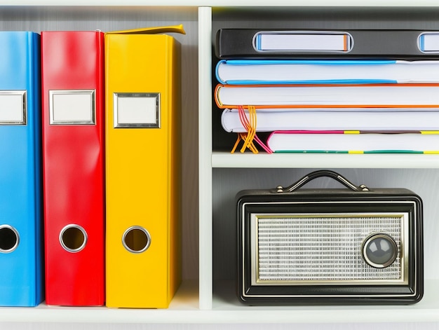 Photo a book shelf with a red and yellow book and a speaker