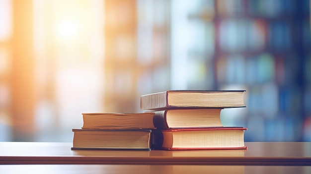 Book stack on wood desk and blurred bookshelf in the library roomCreated with Generative AI technology