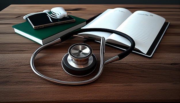 A book and a stethoscope on a wooden table