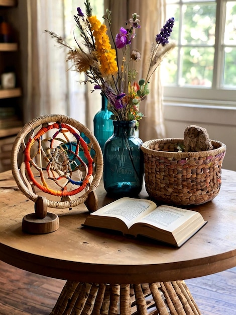 Book store in different style colourful vibrant retro style with flower candle