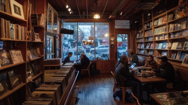 a book store with a book store with a man sitting at the table and a book on the shelf