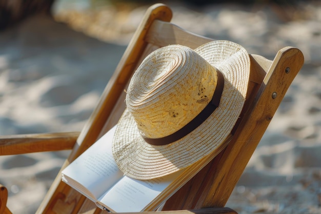 Book and straw hat on deckchair