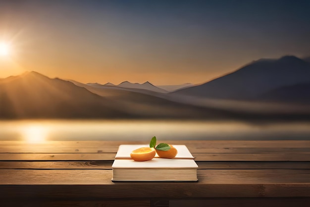 A book on a table with a book on it and a sunset in the background.