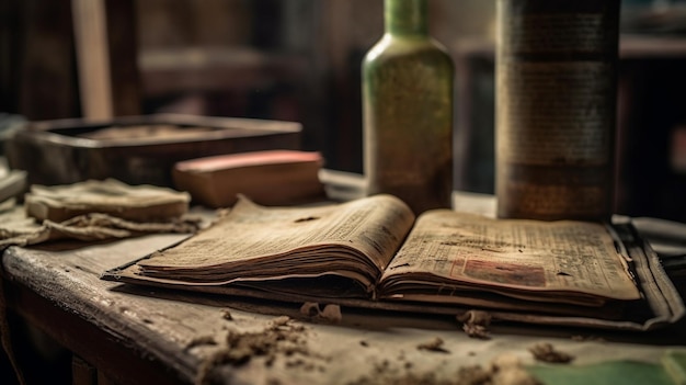 A book on a table with a bottle of wine in the background