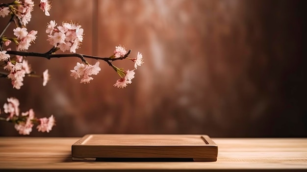 A book on a table with a branch of cherry blossoms