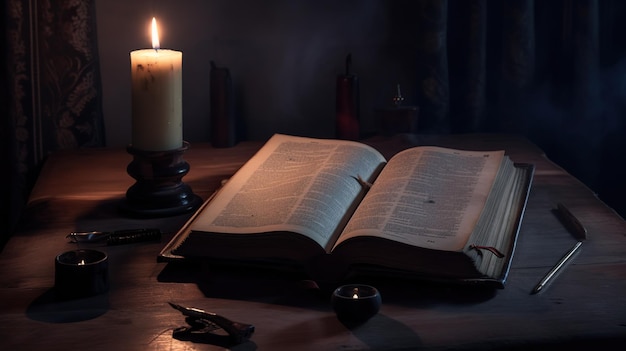 A book on a table with a candle in the background