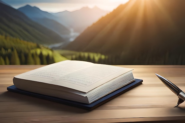 A book on a table with a cup of coffee and a mountain in the background