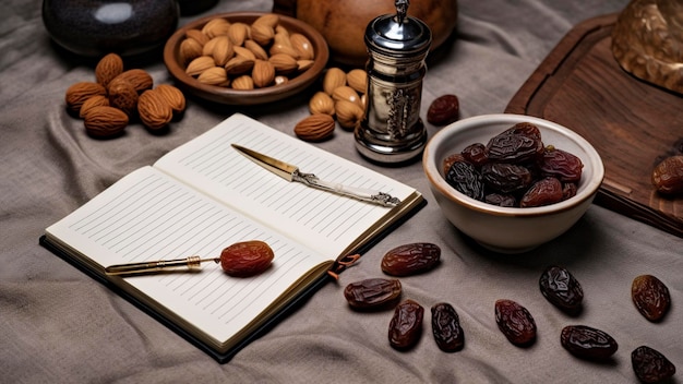 Photo a book on a table with dates and almonds