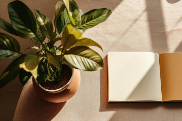 A book on a table with a plant in it