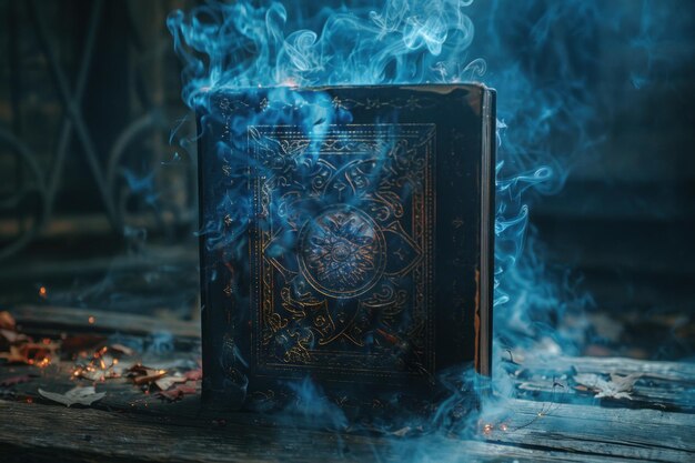 Photo a book on a table with swirling blue smoke rising from its pages the smoke creates an ethereal and m