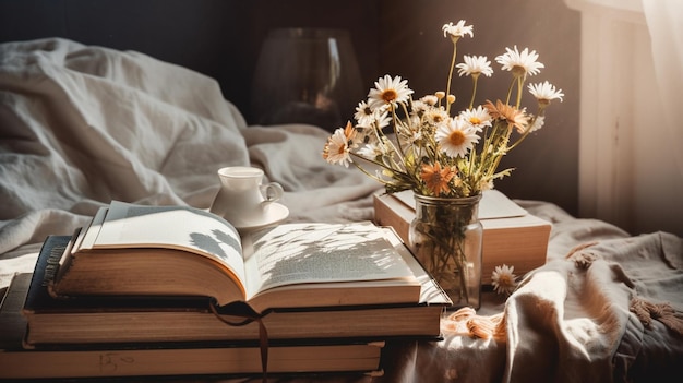 A book on a table with a vase of flowers on it